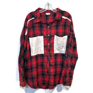 POL Red and Black Plaid Oversized Button Front Shirt